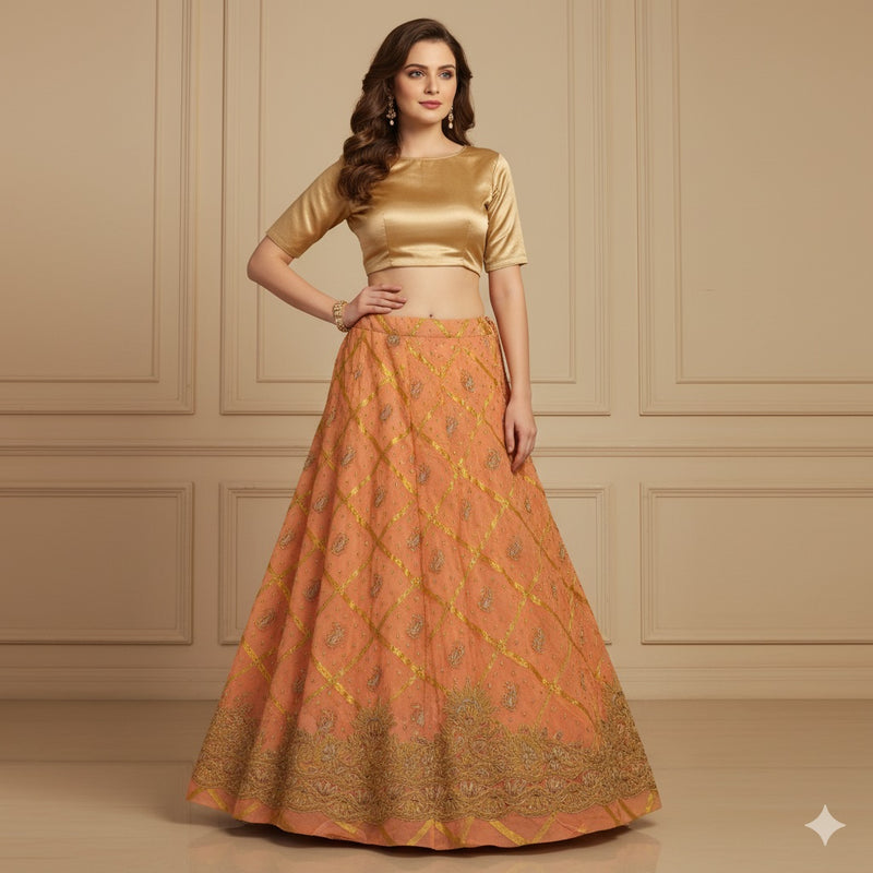 Sanskriti Vintage Peach Long Lehenga Pure Silk Hand Embroidered Zardozi Unstitch