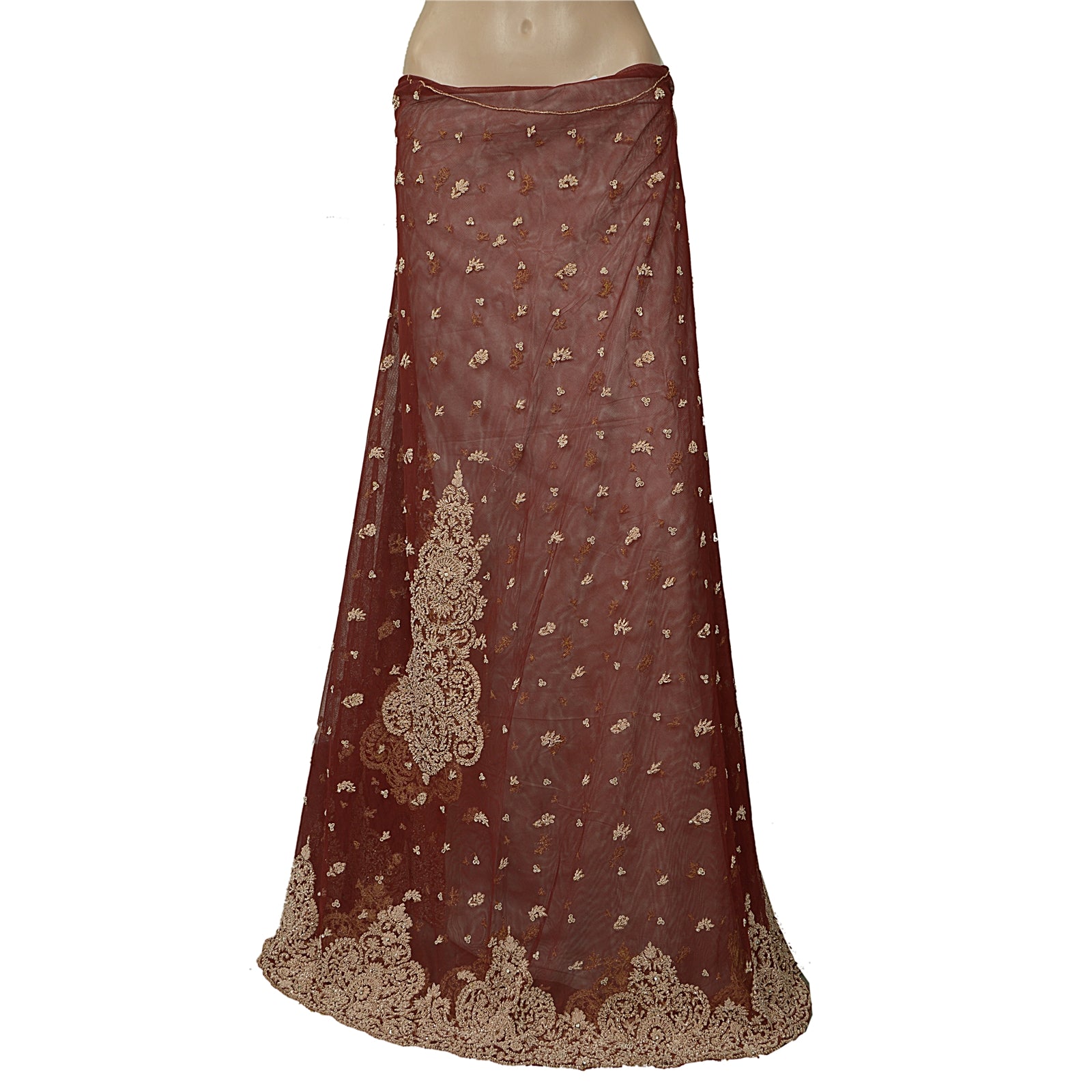 Sanskriti Vintage Dark Red Long Lehenga Net Hand Embroidered Zardozi Unstitched