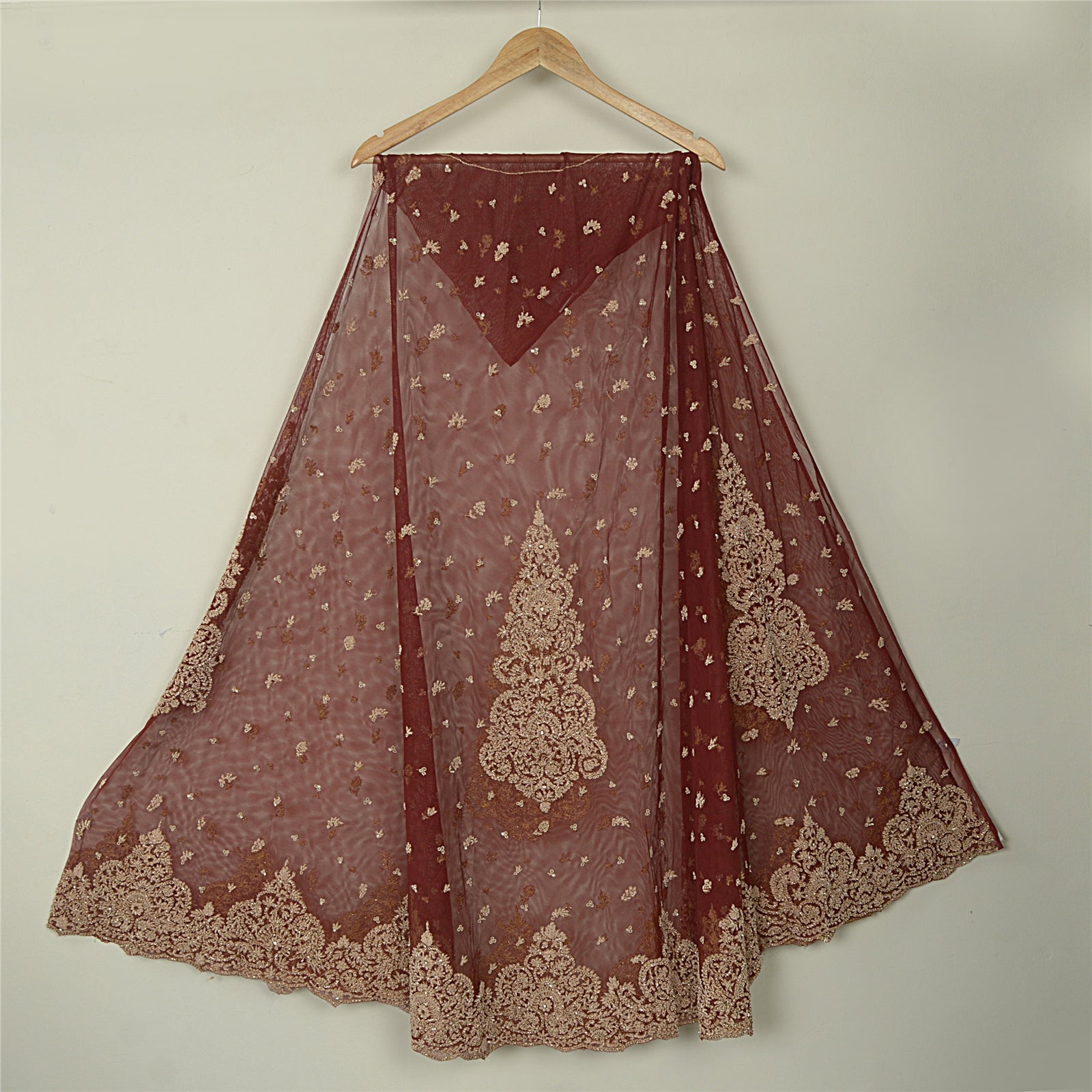 Sanskriti Vintage Dark Red Long Lehenga Net Hand Embroidered Zardozi Unstitched