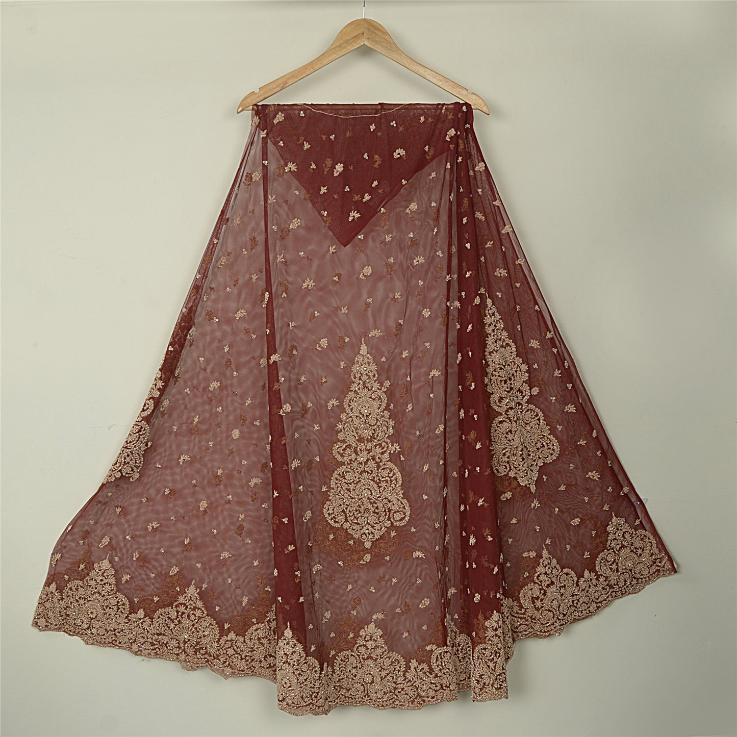 Sanskriti Vintage Dark Red Long Lehenga Net Hand Embroidered Zardozi Unstitched