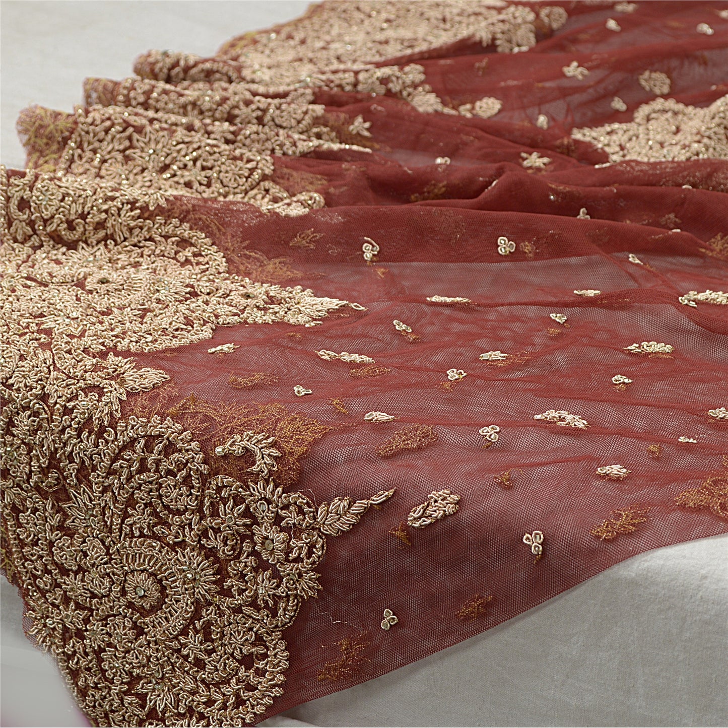 Sanskriti Vintage Dark Red Long Lehenga Net Hand Embroidered Zardozi Unstitched