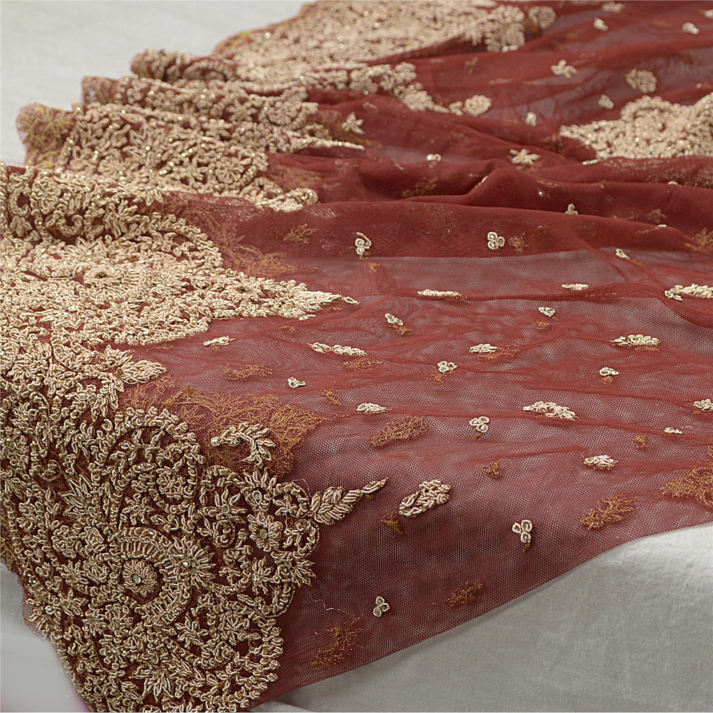 Sanskriti Vintage Dark Red Long Lehenga Net Hand Embroidered Zardozi Unstitched
