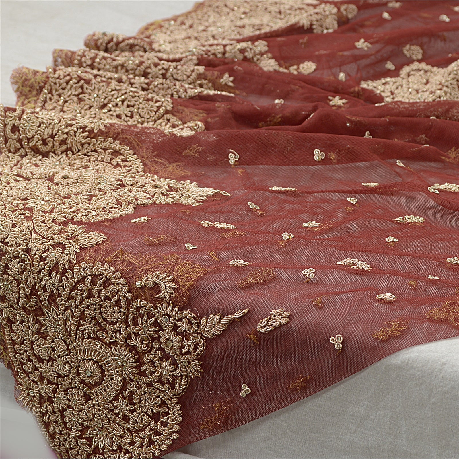 Sanskriti Vintage Dark Red Long Lehenga Net Hand Embroidered Zardozi Unstitched