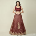 Sanskriti Vintage Dark Red Long Lehenga Net Hand Embroidered Zardozi Unstitched