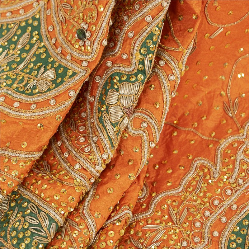 Sanskriti Vintage Orange Long Lehenga Pure Silk Hand Bead Patch Zardozi Unstitch