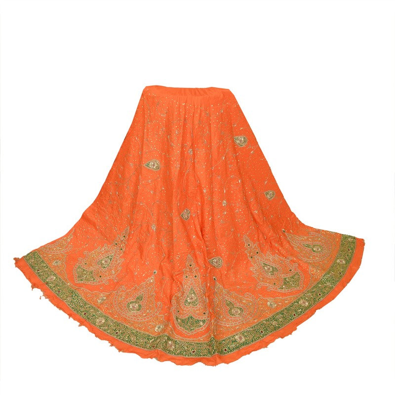 Sanskriti Vintage Orange Long Lehenga Pure Silk Hand Bead Patch Zardozi Unstitch