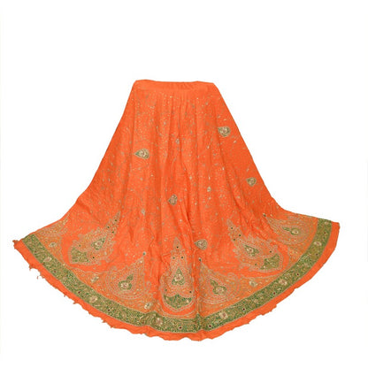 Sanskriti Vintage Orange Long Lehenga Pure Silk Hand Bead Patch Zardozi Unstitch