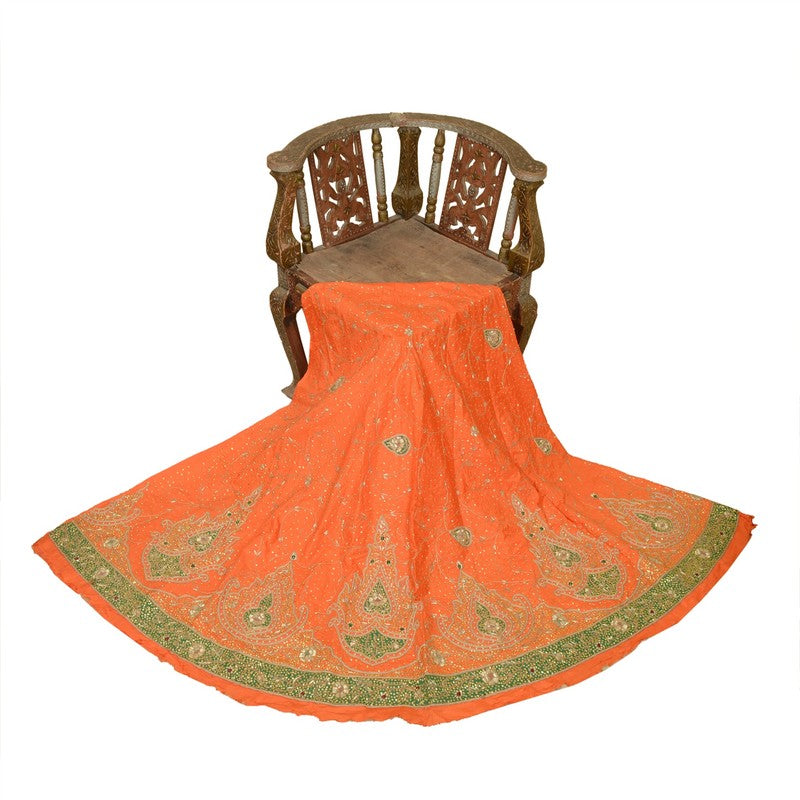 Sanskriti Vintage Orange Long Lehenga Pure Silk Hand Bead Patch Zardozi Unstitch