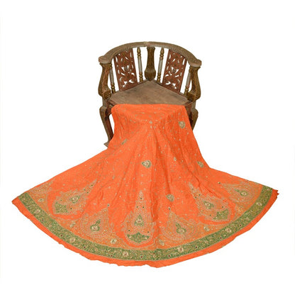 Sanskriti Vintage Orange Long Lehenga Pure Silk Hand Bead Patch Zardozi Unstitch