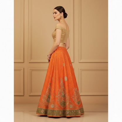 Sanskriti Vintage Orange Long Lehenga Pure Silk Hand Bead Patch Zardozi Unstitch