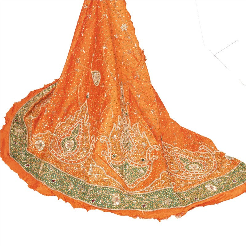 Sanskriti Vintage Orange Long Lehenga Pure Silk Hand Bead Patch Zardozi Unstitch