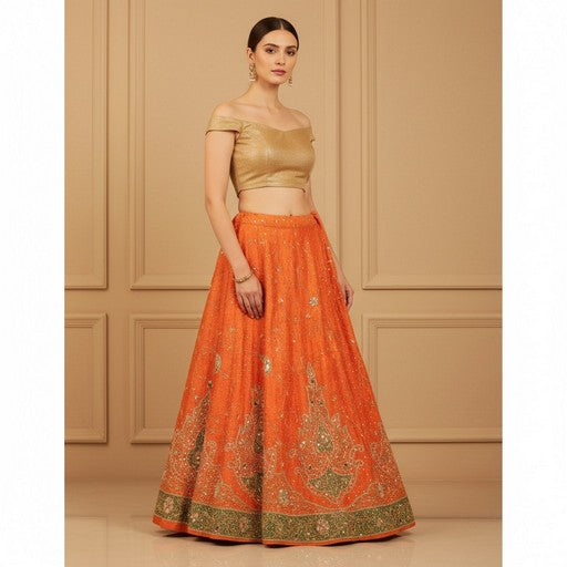 Sanskriti Vintage Orange Long Lehenga Pure Silk Hand Bead Patch Zardozi Unstitch
