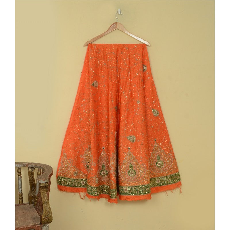 Sanskriti Vintage Orange Long Lehenga Pure Silk Hand Bead Patch Zardozi Unstitch