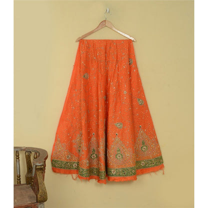 Sanskriti Vintage Orange Long Lehenga Pure Silk Hand Bead Patch Zardozi Unstitch