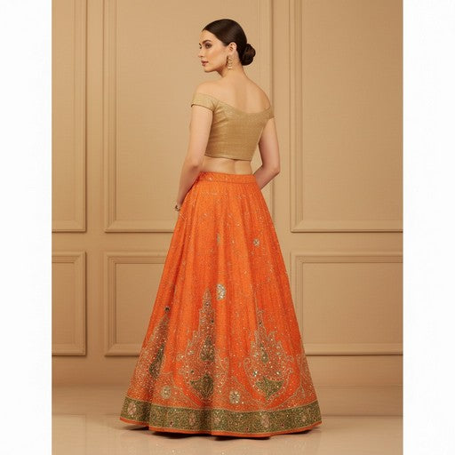 Sanskriti Vintage Orange Long Lehenga Pure Silk Hand Bead Patch Zardozi Unstitch