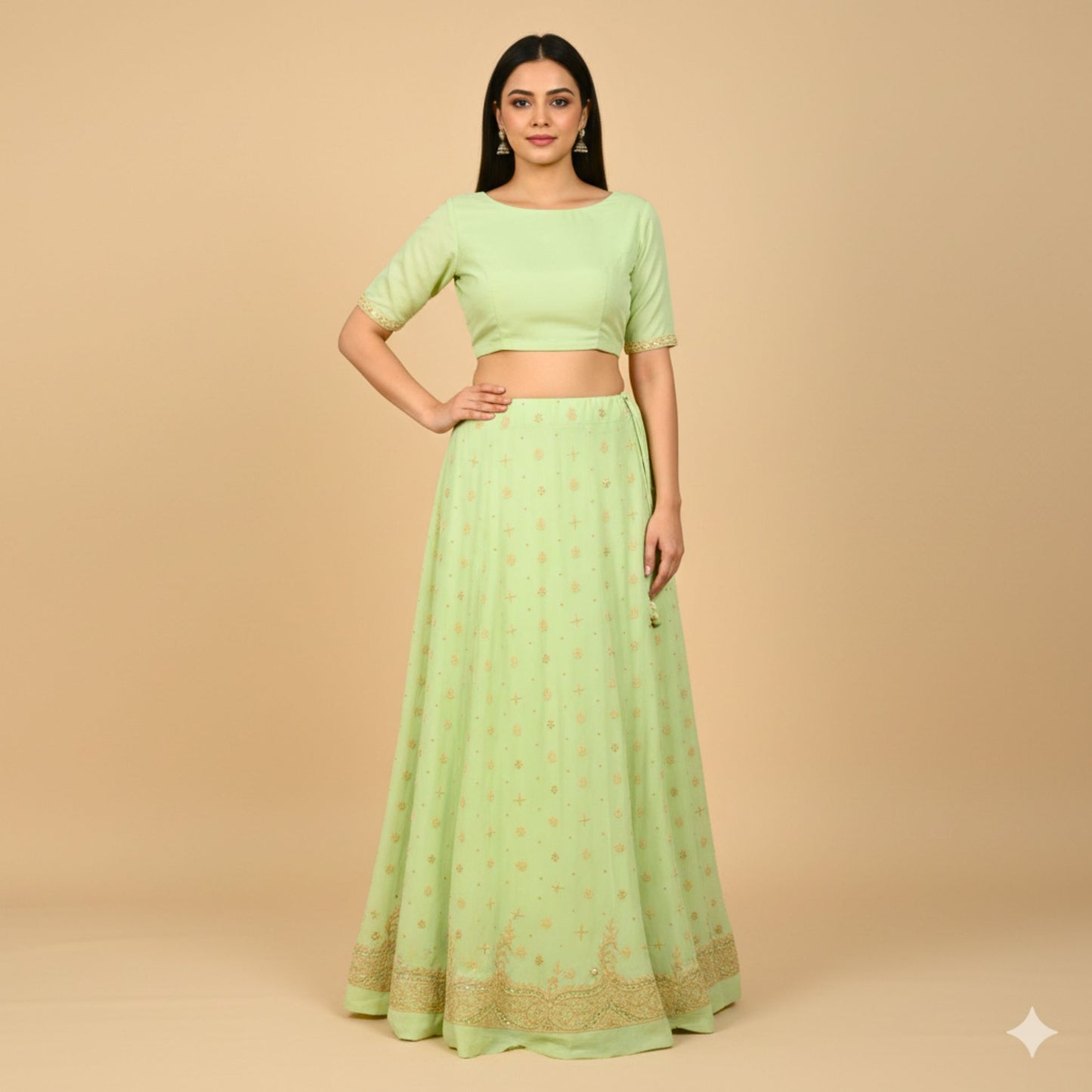 Sanskriti Vintage GreenLong Lehenga Satin Silk Hand Embroidered Zardozi Unstitch