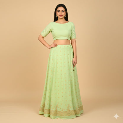 Sanskriti Vintage GreenLong Lehenga Satin Silk Hand Embroidered Zardozi Unstitch