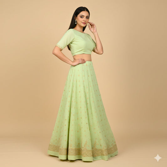Sanskriti Vintage GreenLong Lehenga Satin Silk Hand Embroidered Zardozi Unstitch