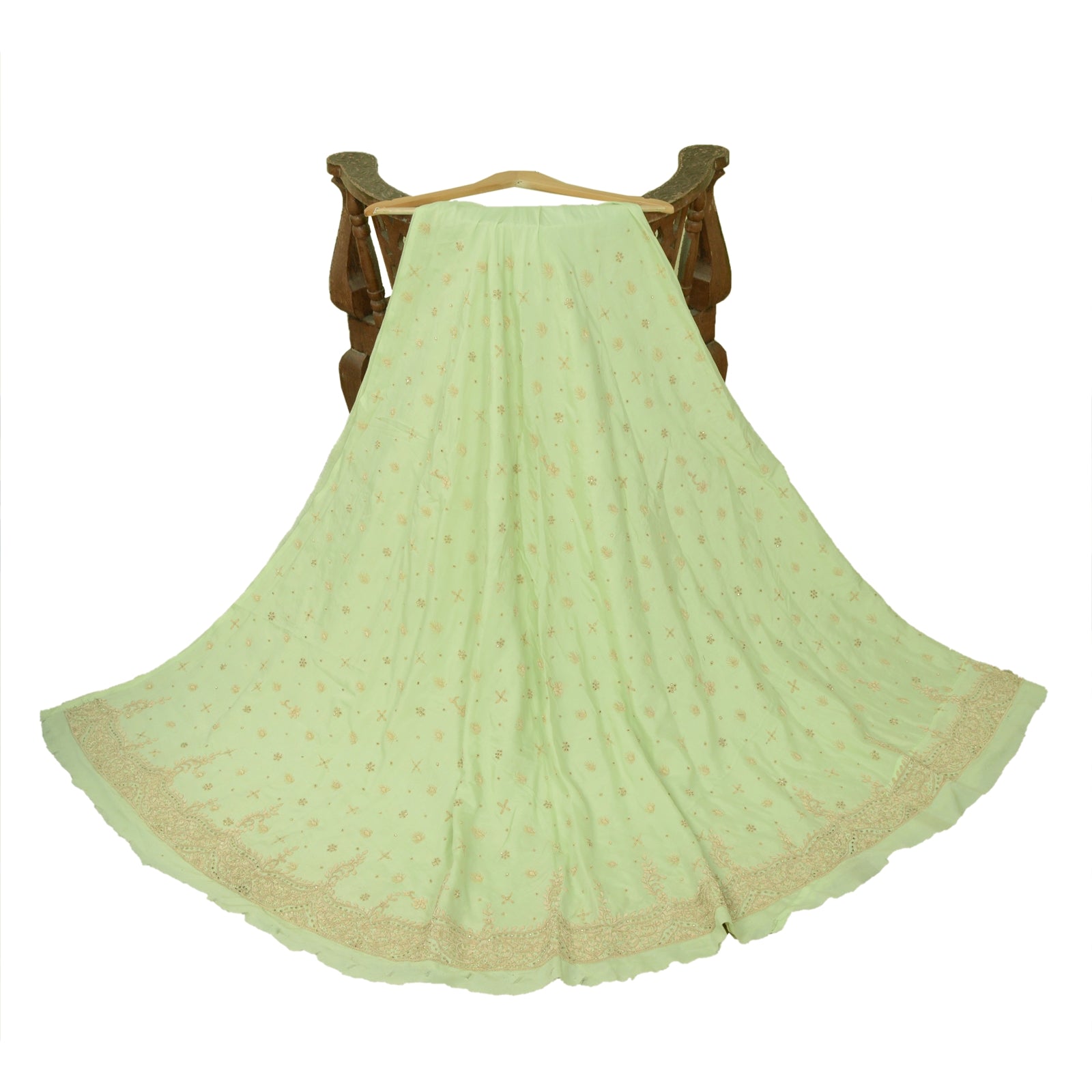 Sanskriti Vintage GreenLong Lehenga Satin Silk Hand Embroidered Zardozi Unstitch
