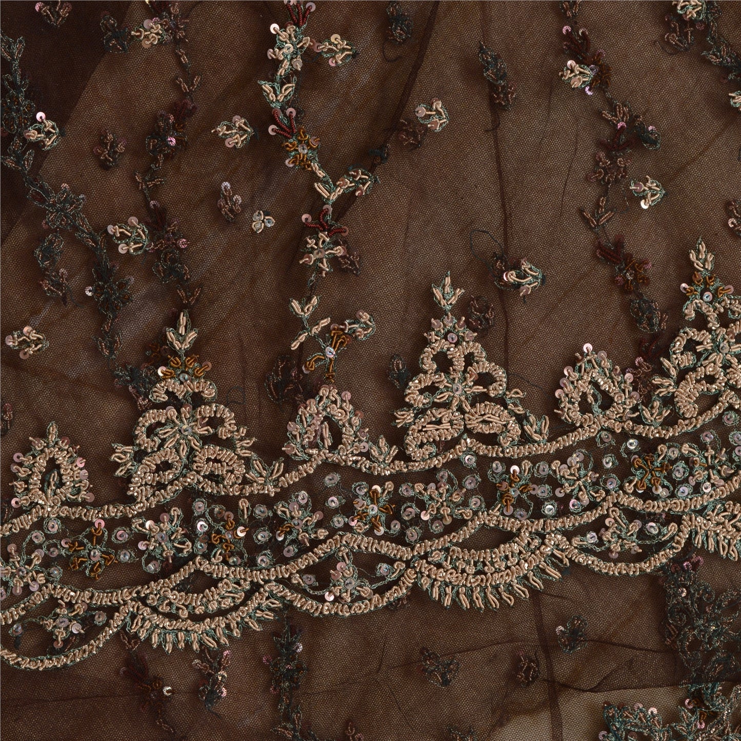 Sanskriti Vintage Brown Long Lehenga Net Mesh Hand Embroidered Zardozi Unstitch