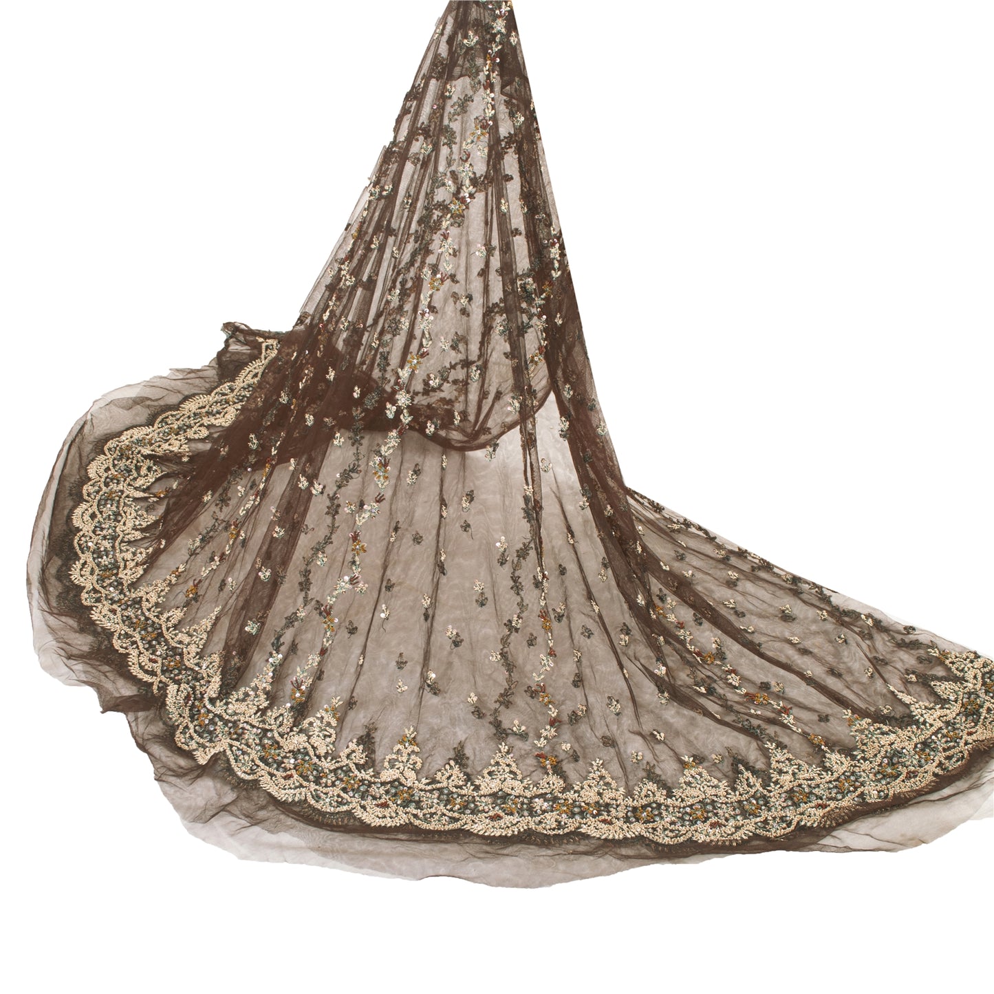 Sanskriti Vintage Brown Long Lehenga Net Mesh Hand Embroidered Zardozi Unstitch