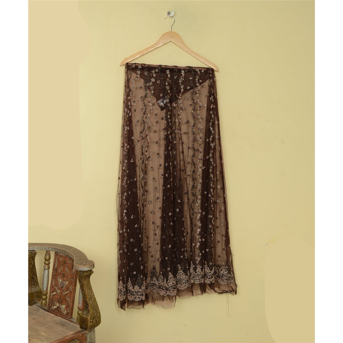 Sanskriti Vintage Brown Long Lehenga Net Mesh Hand Embroidered Zardozi Unstitch