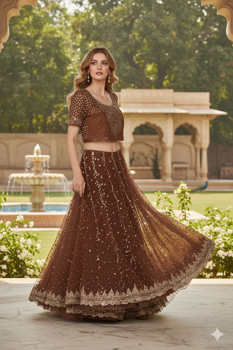 Sanskriti Vintage Brown Long Lehenga Net Mesh Hand Embroidered Zardozi Unstitch