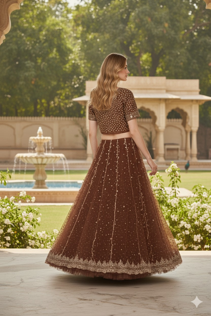 Sanskriti Vintage Brown Long Lehenga Net Mesh Hand Embroidered Zardozi Unstitch
