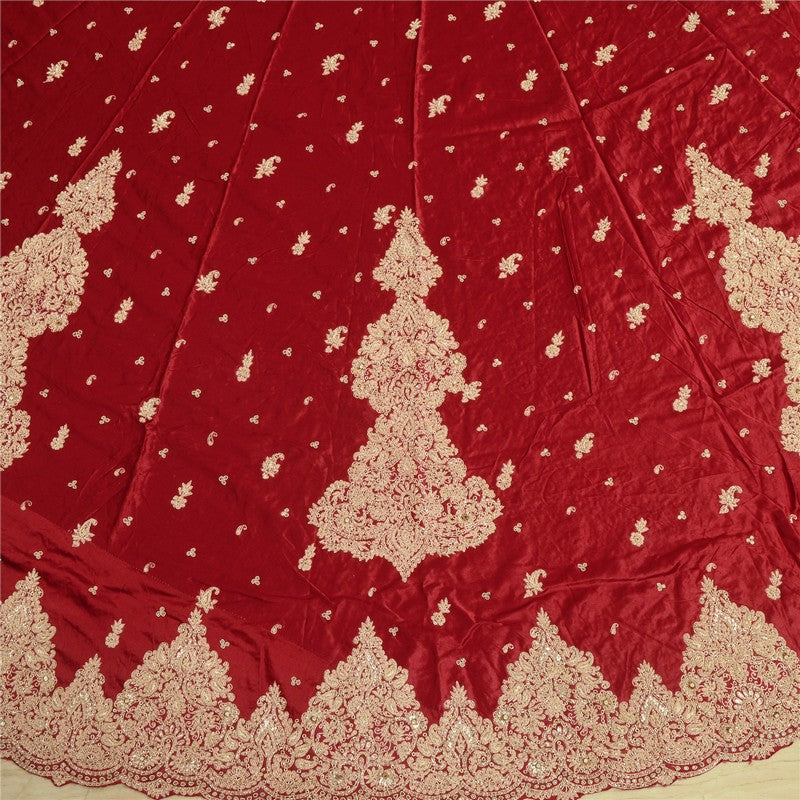 Sanskriti Vintage Red Long Lehenga Satin Silk Hand Embroidered Zardozi Unstitch