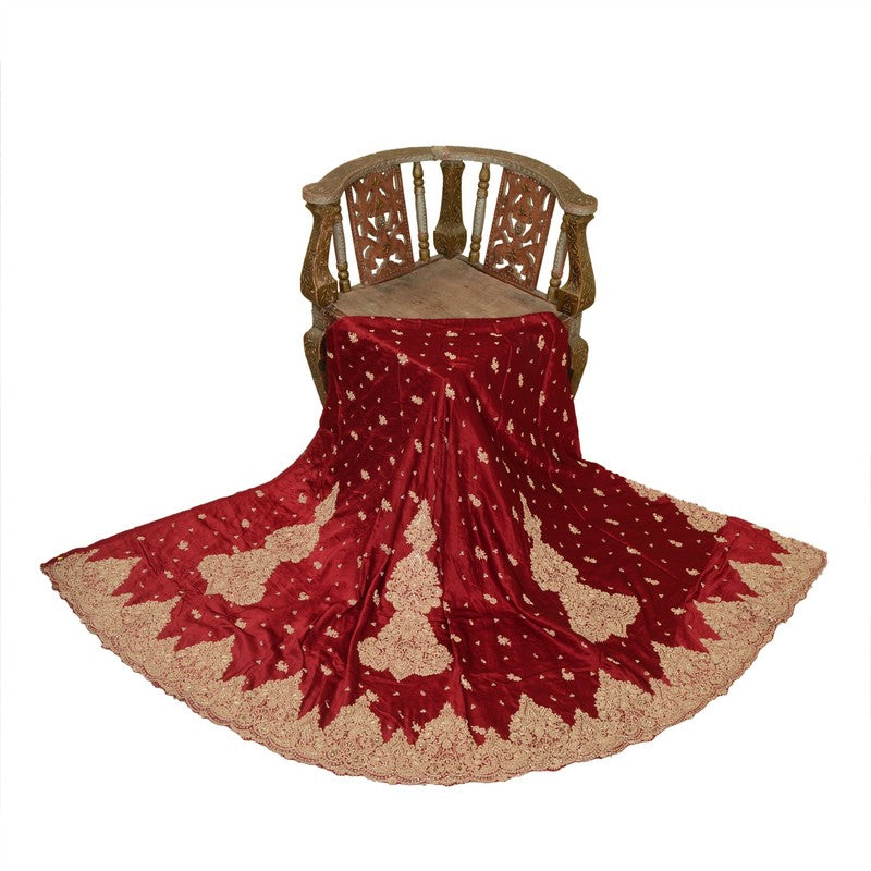 Sanskriti Vintage Red Long Lehenga Satin Silk Hand Embroidered Zardozi Unstitch