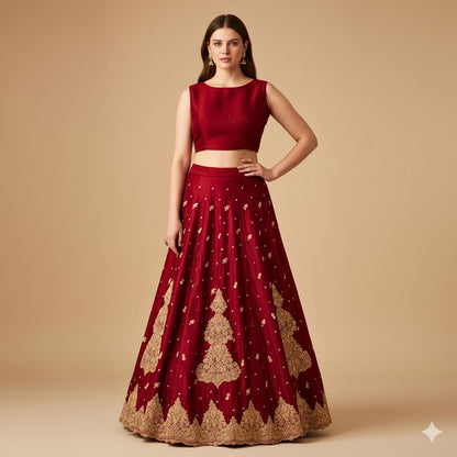 Sanskriti Vintage Red Long Lehenga Satin Silk Hand Embroidered Zardozi Unstitch