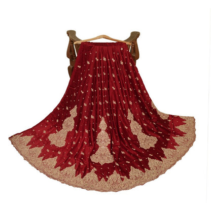 Sanskriti Vintage Red Long Lehenga Satin Silk Hand Embroidered Zardozi Unstitch