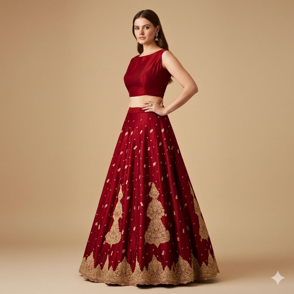 Sanskriti Vintage Red Long Lehenga Satin Silk Hand Embroidered Zardozi Unstitch