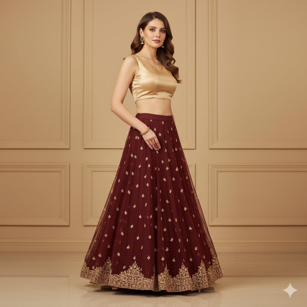 Sanskriti Vintage Red Long Lehenga Net Mesh Hand Embroidered Zardozi Unstitched