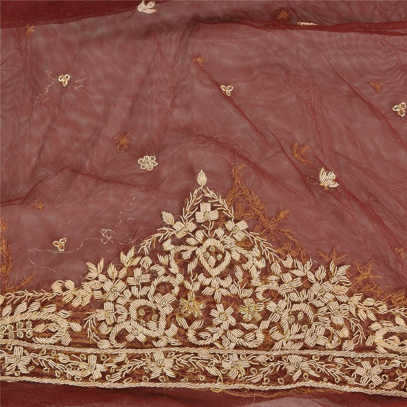 Sanskriti Vintage Red Long Lehenga Net Mesh Hand Embroidered Zardozi Unstitched