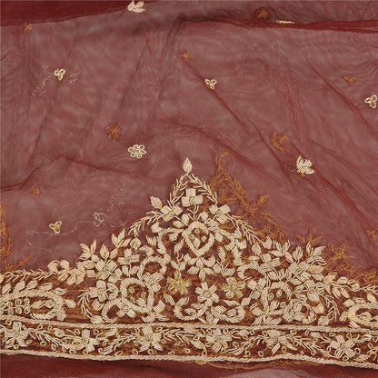 Sanskriti Vintage Red Long Lehenga Net Mesh Hand Embroidered Zardozi Unstitched
