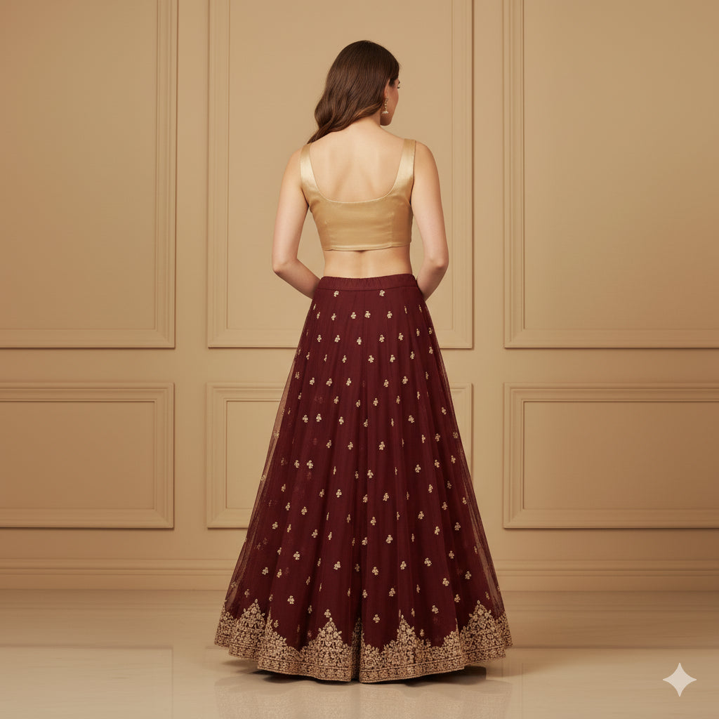 Sanskriti Vintage Red Long Lehenga Net Mesh Hand Embroidered Zardozi Unstitched