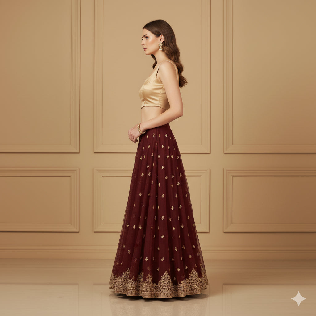 Sanskriti Vintage Red Long Lehenga Net Mesh Hand Embroidered Zardozi Unstitched