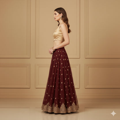 Sanskriti Vintage Red Long Lehenga Net Mesh Hand Embroidered Zardozi Unstitched
