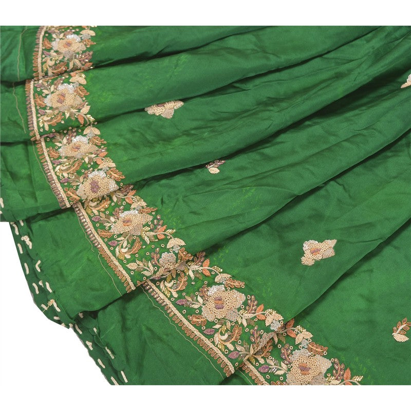Sanskriti Vintage Green Long Lehenga Satin Silk Hand Beaded Zardozi Unstitched