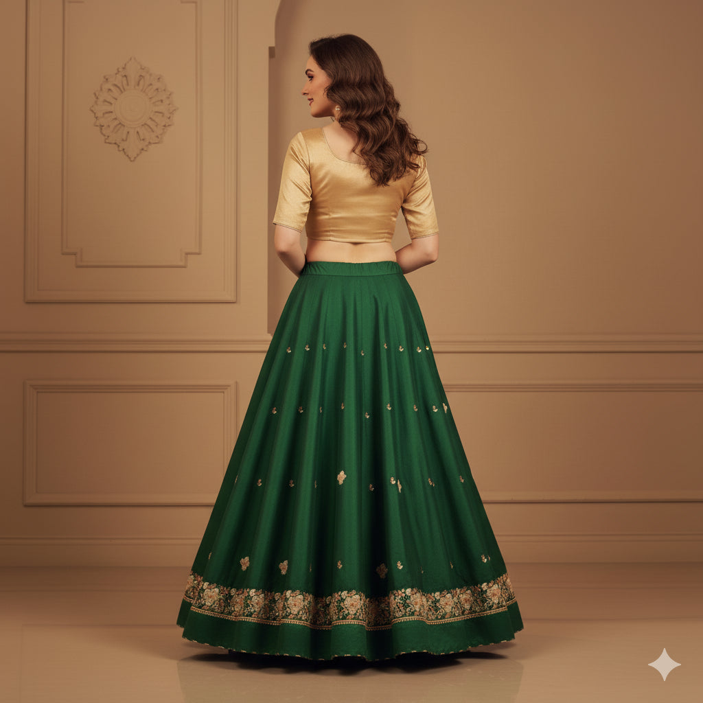 Sanskriti Vintage Green Long Lehenga Satin Silk Hand Beaded Zardozi Unstitched