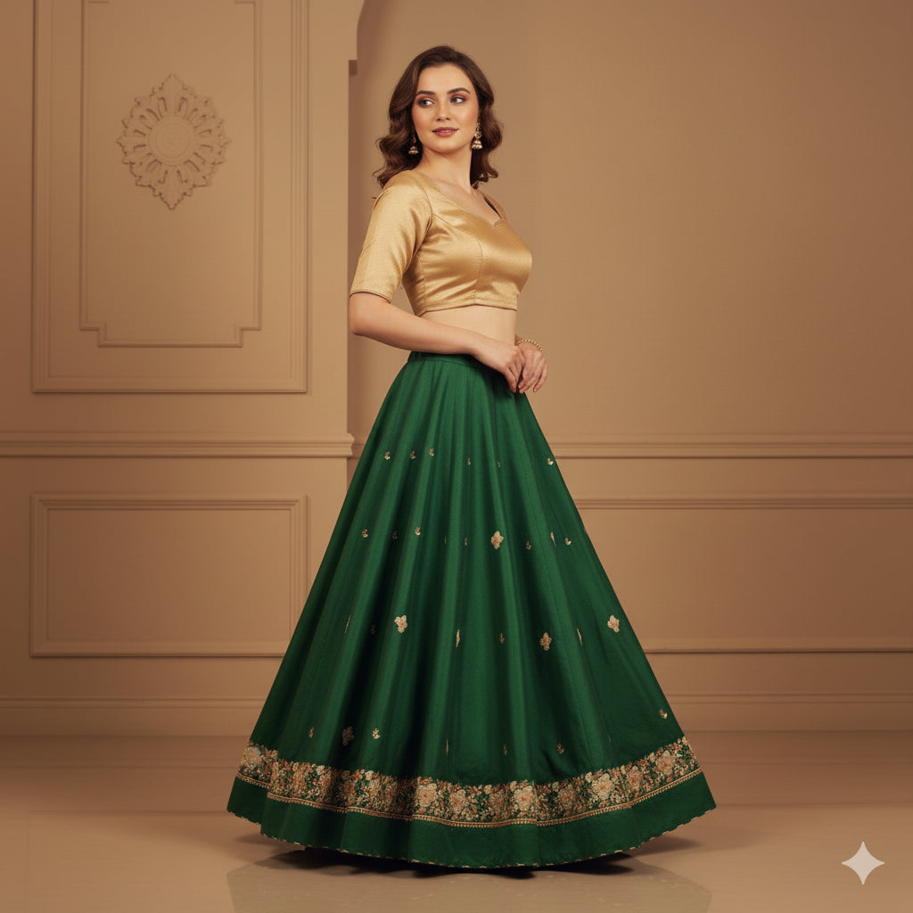 Sanskriti Vintage Green Long Lehenga Satin Silk Hand Beaded Zardozi Unstitched