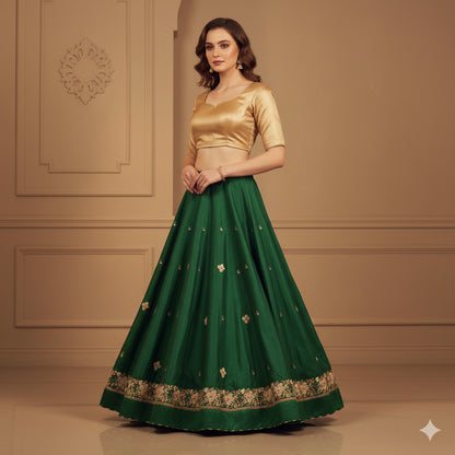 Sanskriti Vintage Green Long Lehenga Satin Silk Hand Beaded Zardozi Unstitched