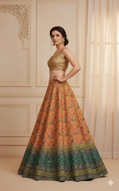 Sanskriti Vintage Orange Long Lehenga Pure Georgette Silk Hand Beaded Unstitched