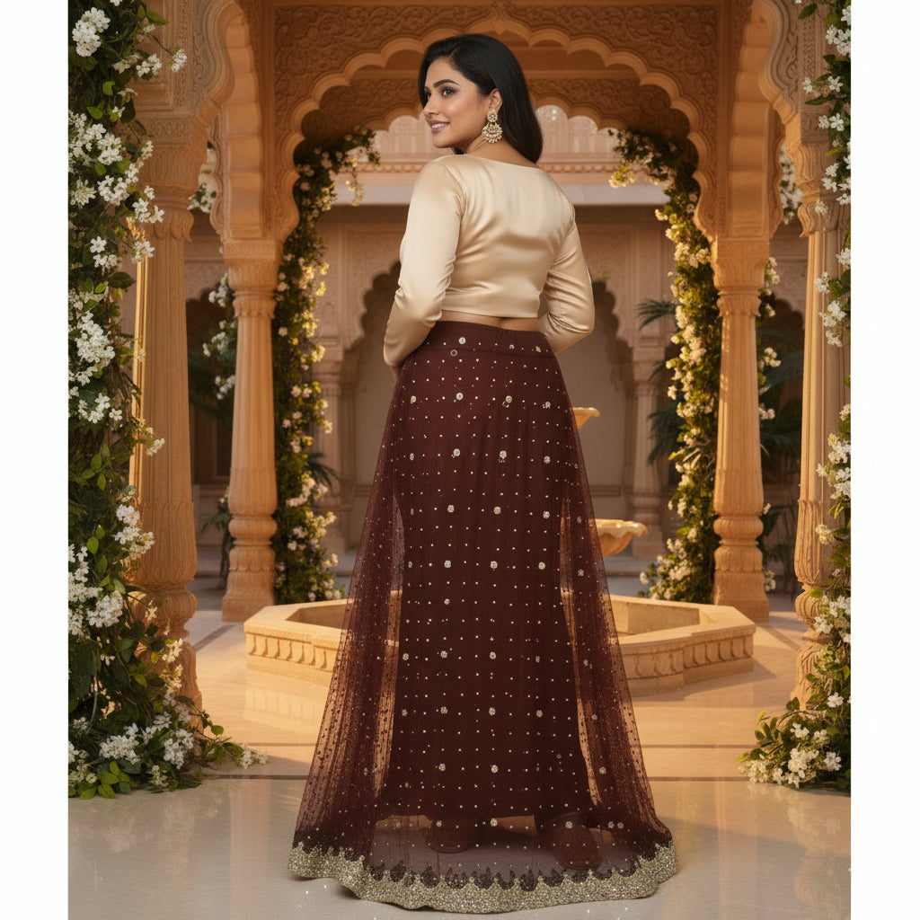 Sanskriti Vintage Brown Long Lehenga Net Mesh Hand Embroidered Zardozi Unstitch