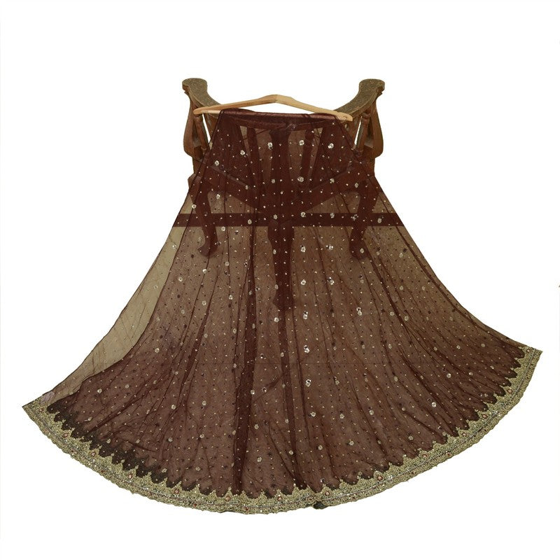 Sanskriti Vintage Brown Long Lehenga Net Mesh Hand Embroidered Zardozi Unstitch