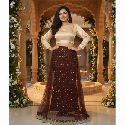 Sanskriti Vintage Brown Long Lehenga Net Mesh Hand Embroidered Zardozi Unstitch