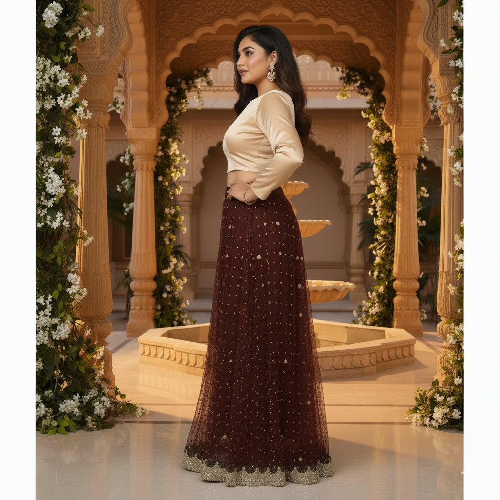 Sanskriti Vintage Brown Long Lehenga Net Mesh Hand Embroidered Zardozi Unstitch