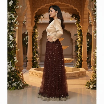 Sanskriti Vintage Brown Long Lehenga Net Mesh Hand Embroidered Zardozi Unstitch