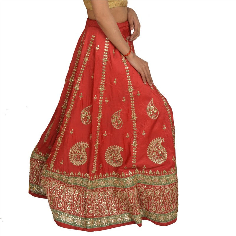 Sanskriti Vintage Red Long Lehenga Art Silk Hand Embroidered Gota Patti Stitched
